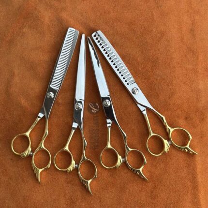 4-Piece Dog Grooming Scissor Set – Straight, Curved, Chunker & Thinning with Half Gold Handles